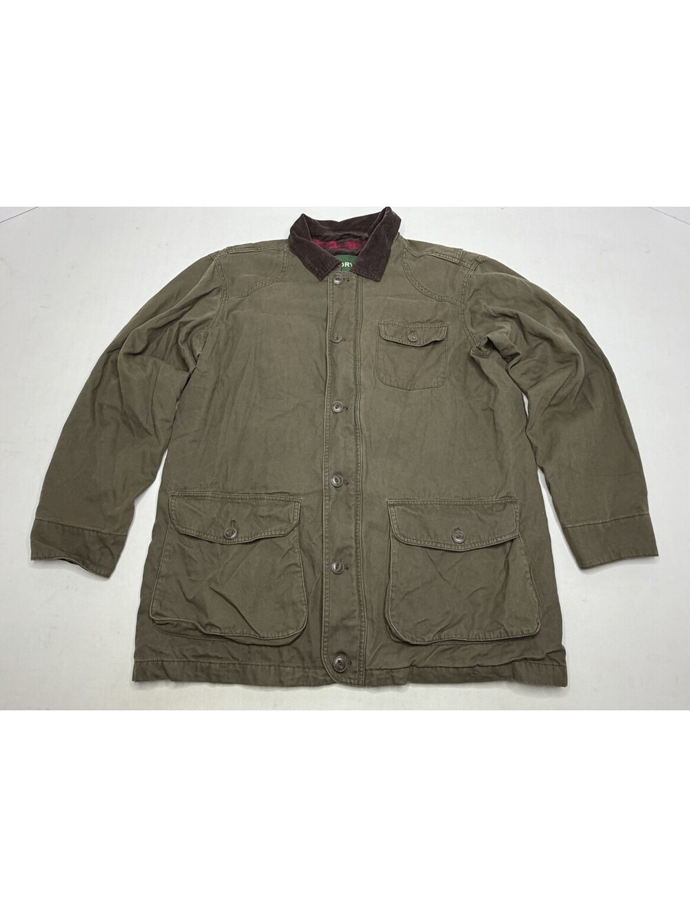 Men's Orvis Large Green Canvas Plaid Lined Field Barn Jacket Coat P104